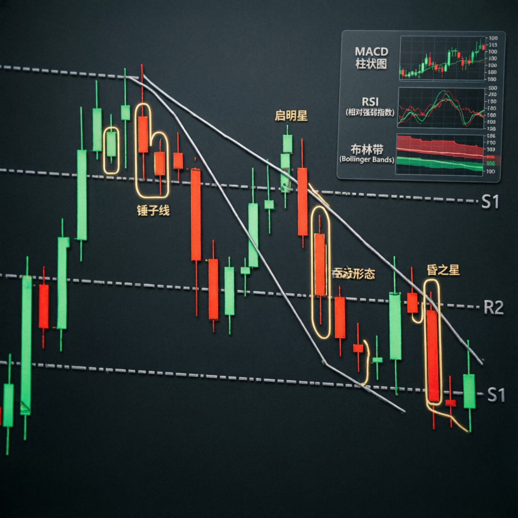 Professional forex trading strategy chart with candlestick patterns, support resistance levels, MACD, RSI and Bollinger Bands technical indicators