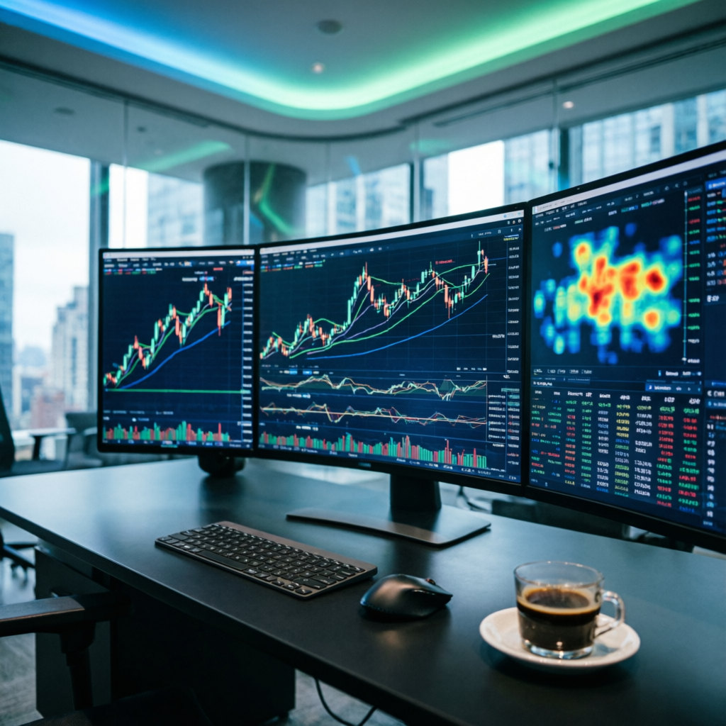 Professional The5ers funded account management trading setup with multiple monitors showing forex charts and trading analysis