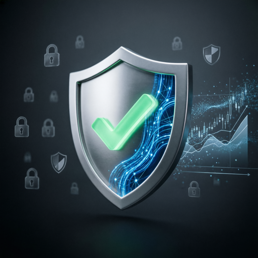 Professional trust and security verification shield with checkmark protecting forex trading data and funded accounts