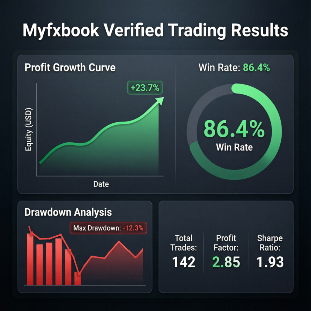 Myfxbook verified trading results dashboard showing profit growth curve, win rate statistics, drawdown analysis and trading performance metrics