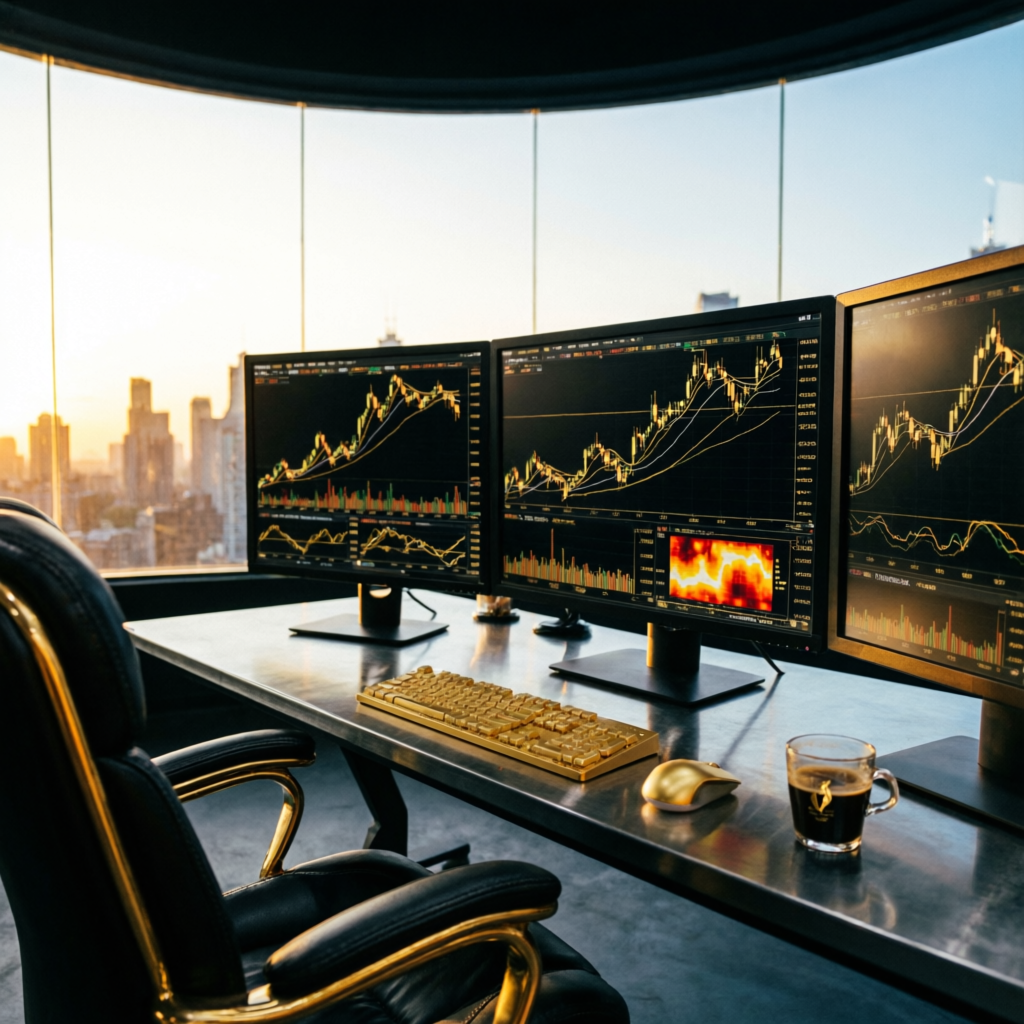 Professional trading strategy analysis with multiple screens