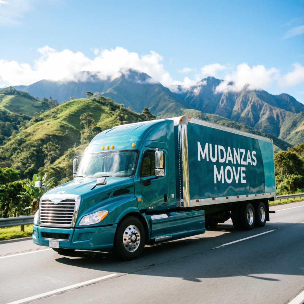 Camión de mudanzas de Trasteos Nacionales en carretera colombiana con montañas