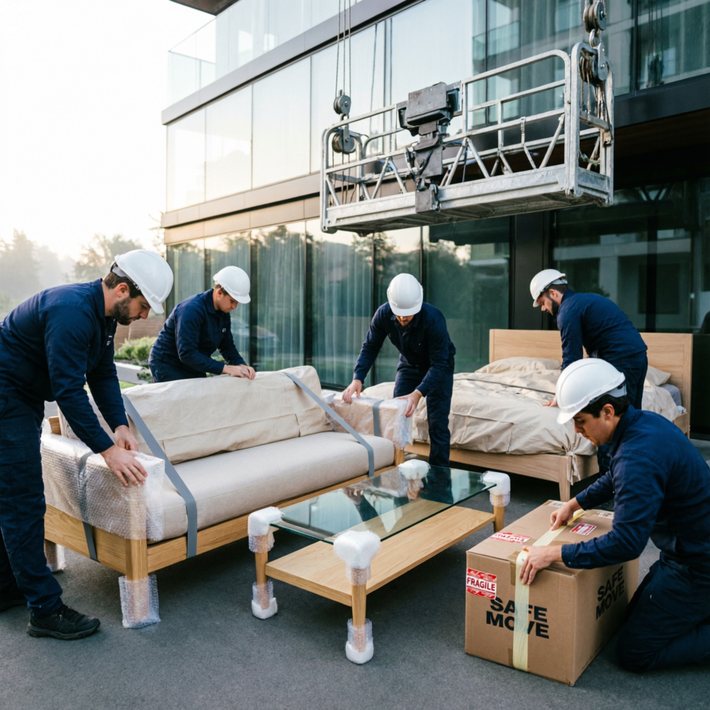 Empaque profesional de muebles antes de subir por fachada en Bogotá