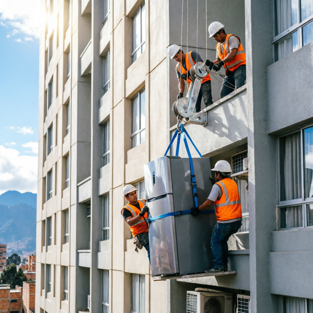 Servicio de subir nevera por fachada de edificio alto en Bogotá
