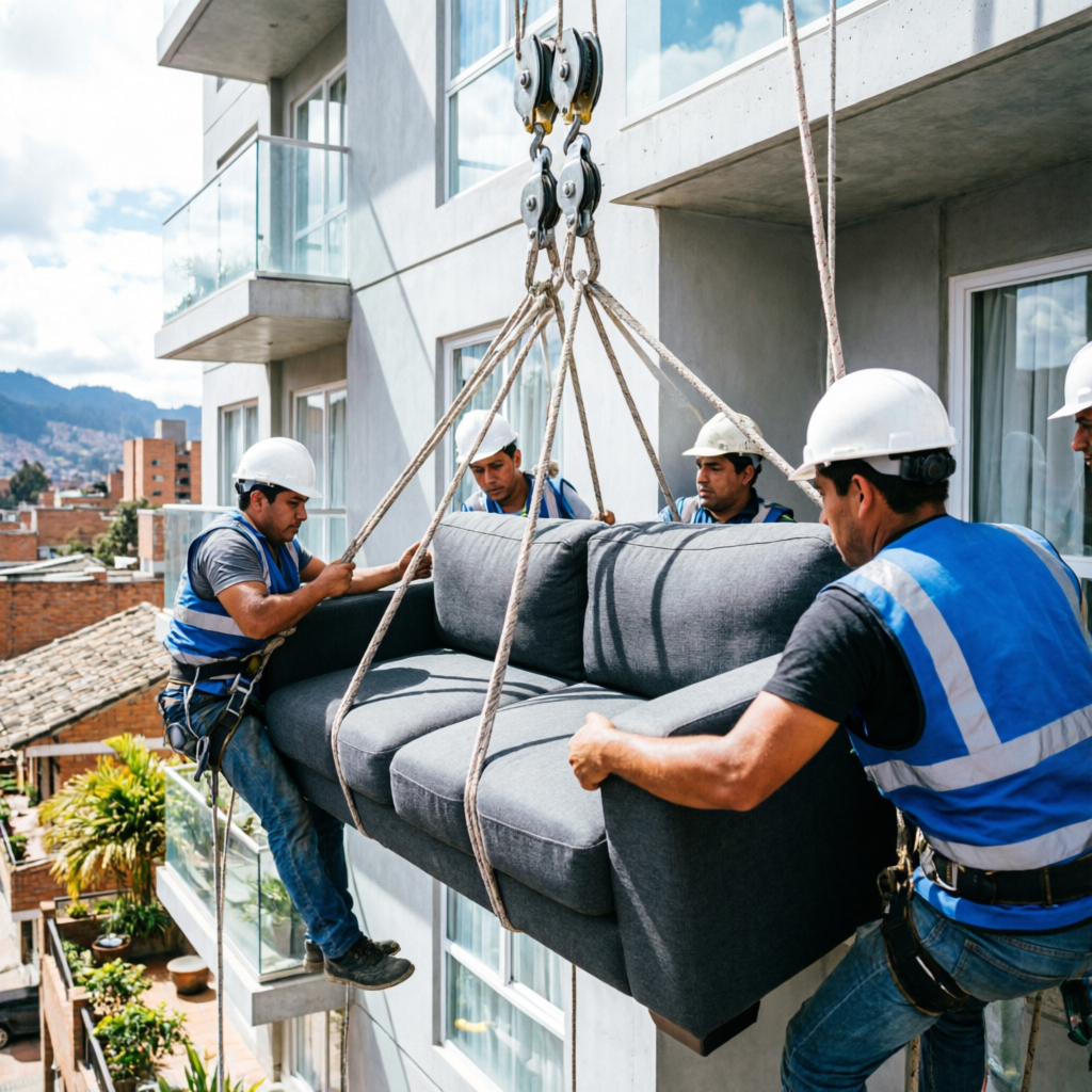 Trabajadores profesionales subiendo un sofá por la fachada de un edificio en Bogotá con sistema de poleas
