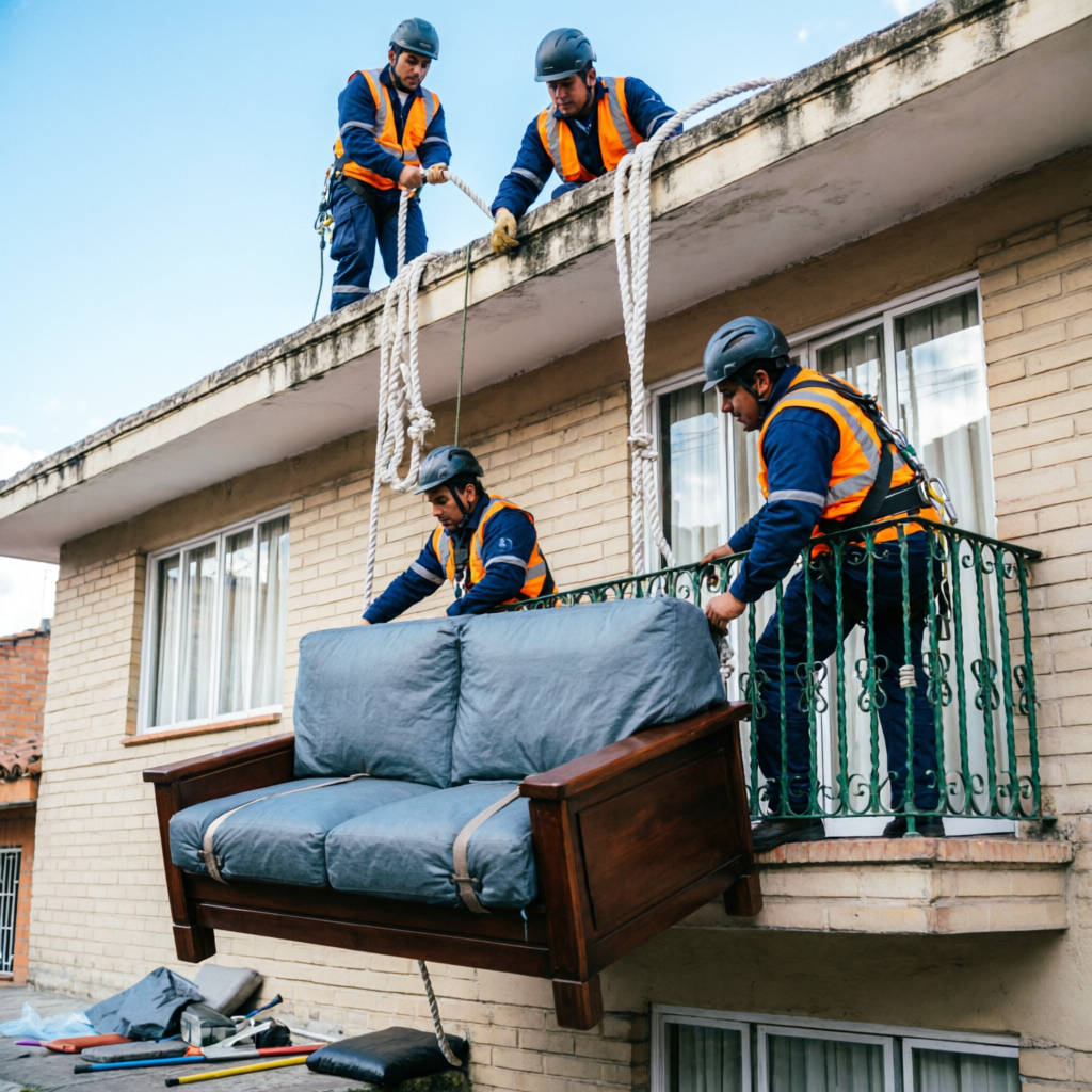 Servicio de subir muebles por fachada de casa en Bogotá con cuerdas y arneses