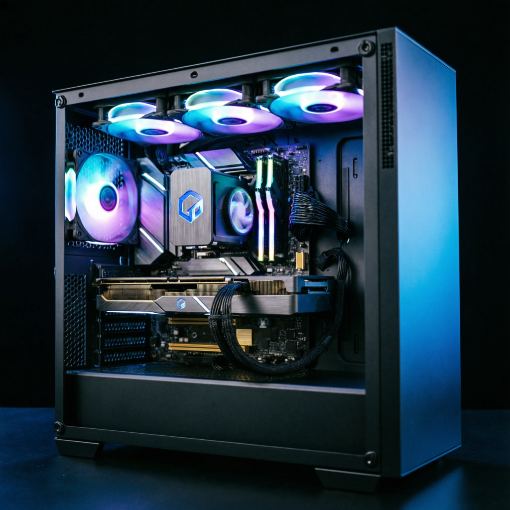 Ensamble de computadora gamer con iluminación RGB personalizada