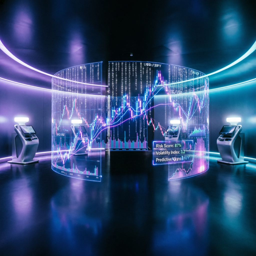 Futuristic trading floor with holographic displays showing Topstep trading platforms comparison