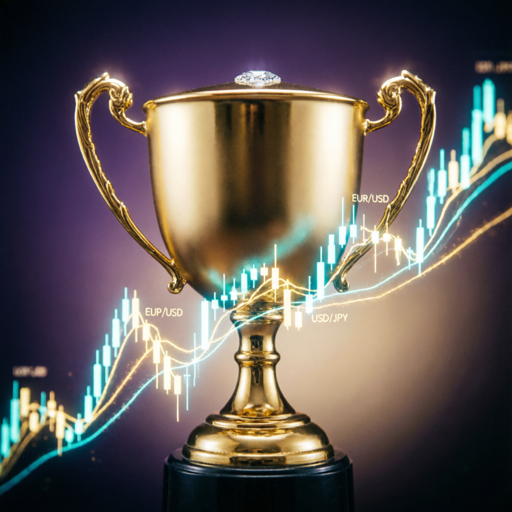 Gold trophy representing successful prop firm challenge passing with trading charts