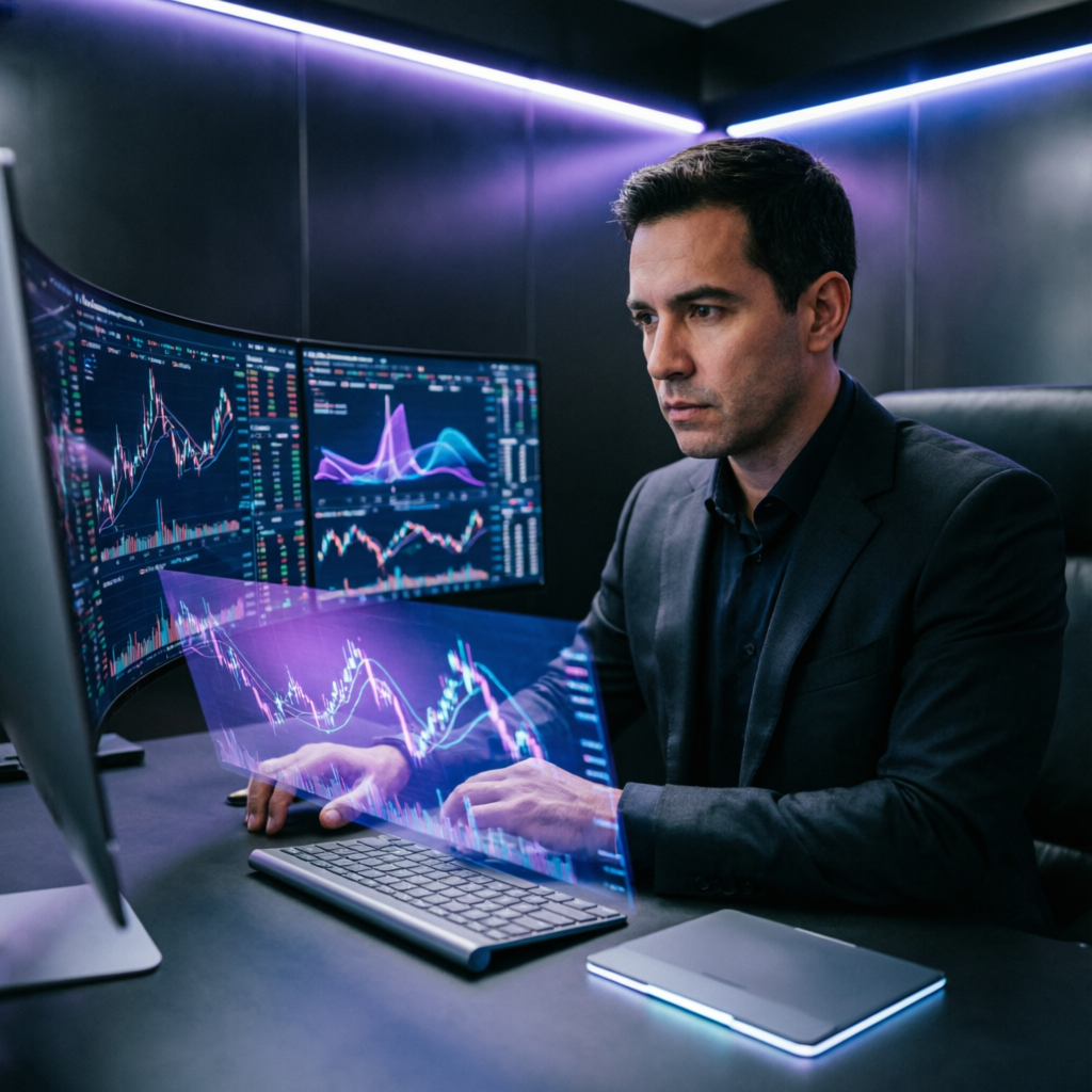 Professional trader analyzing Topstep trading dashboard with multiple screens showing financial data