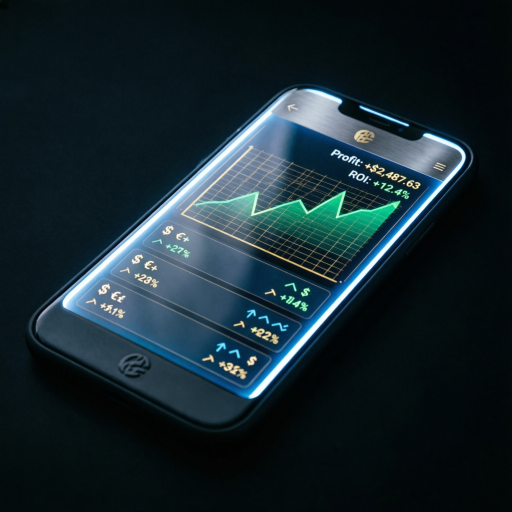 Mobile trading app showing successful prop firm challenge profit