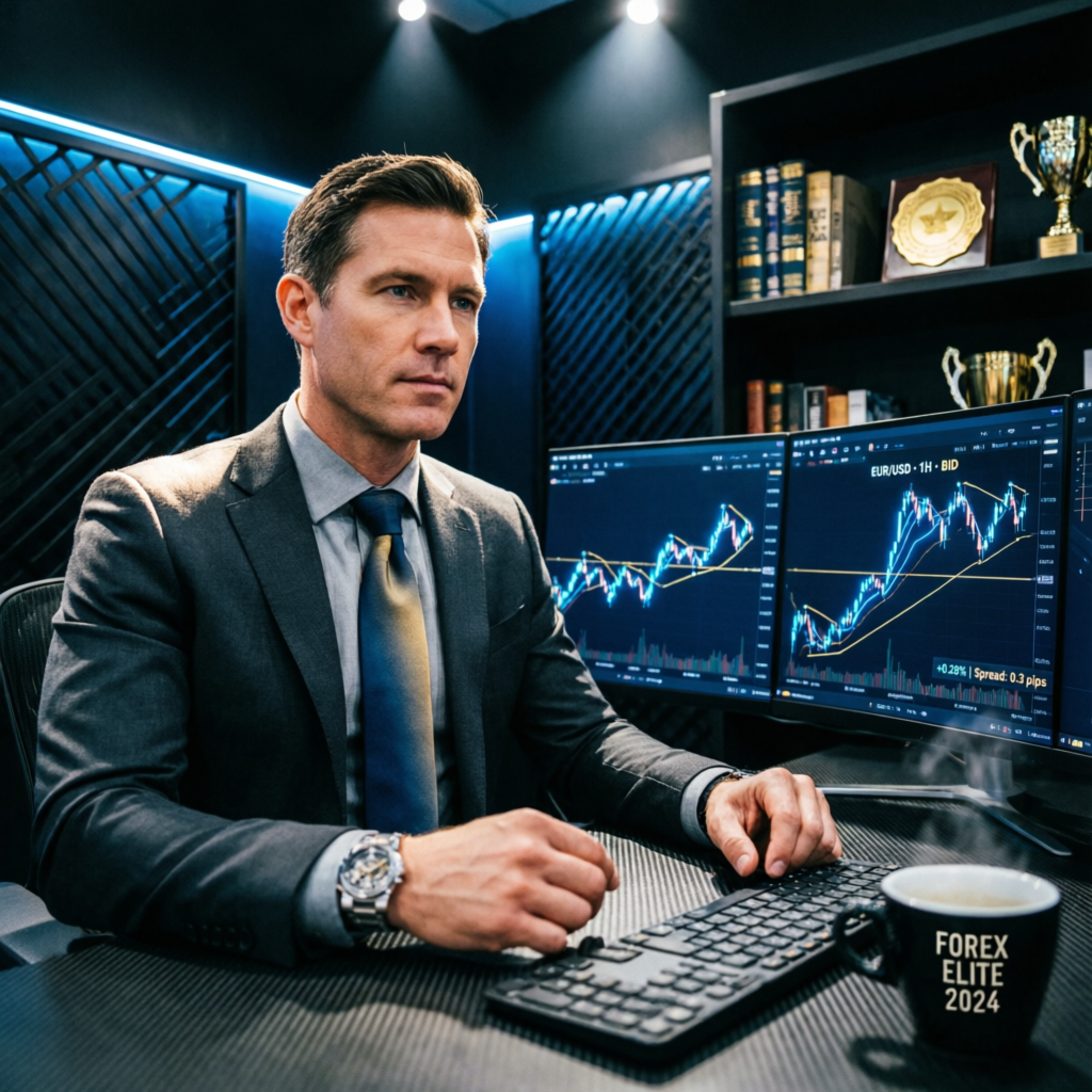 Professional forex trader managing prop firm accounts with live charts