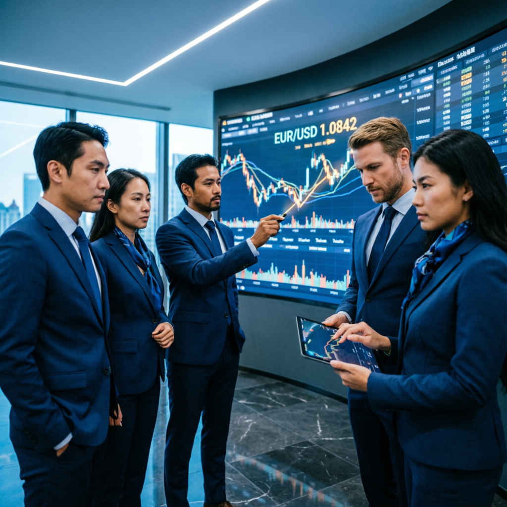 Professional forex analysts team reviewing prop firm challenge strategies