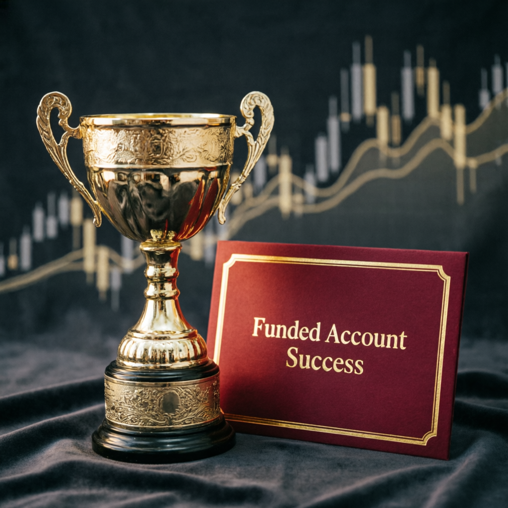 Funded account success trophy representing prop firm challenge passed