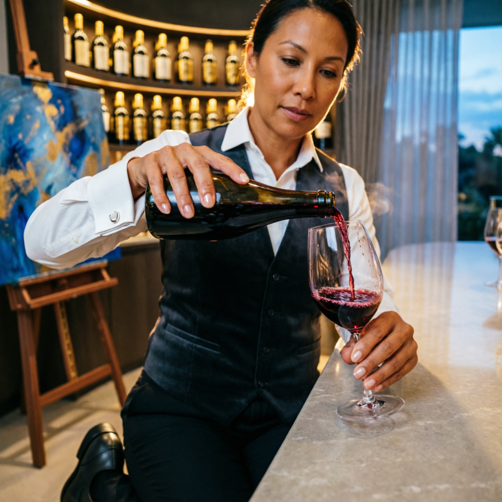 Sommelier sirviendo vino premium