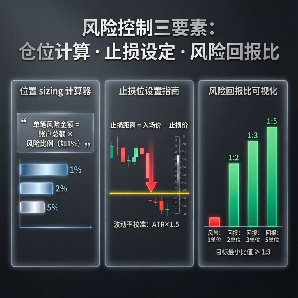 Risk management infographic showing position sizing, stop loss, and risk reward ratio