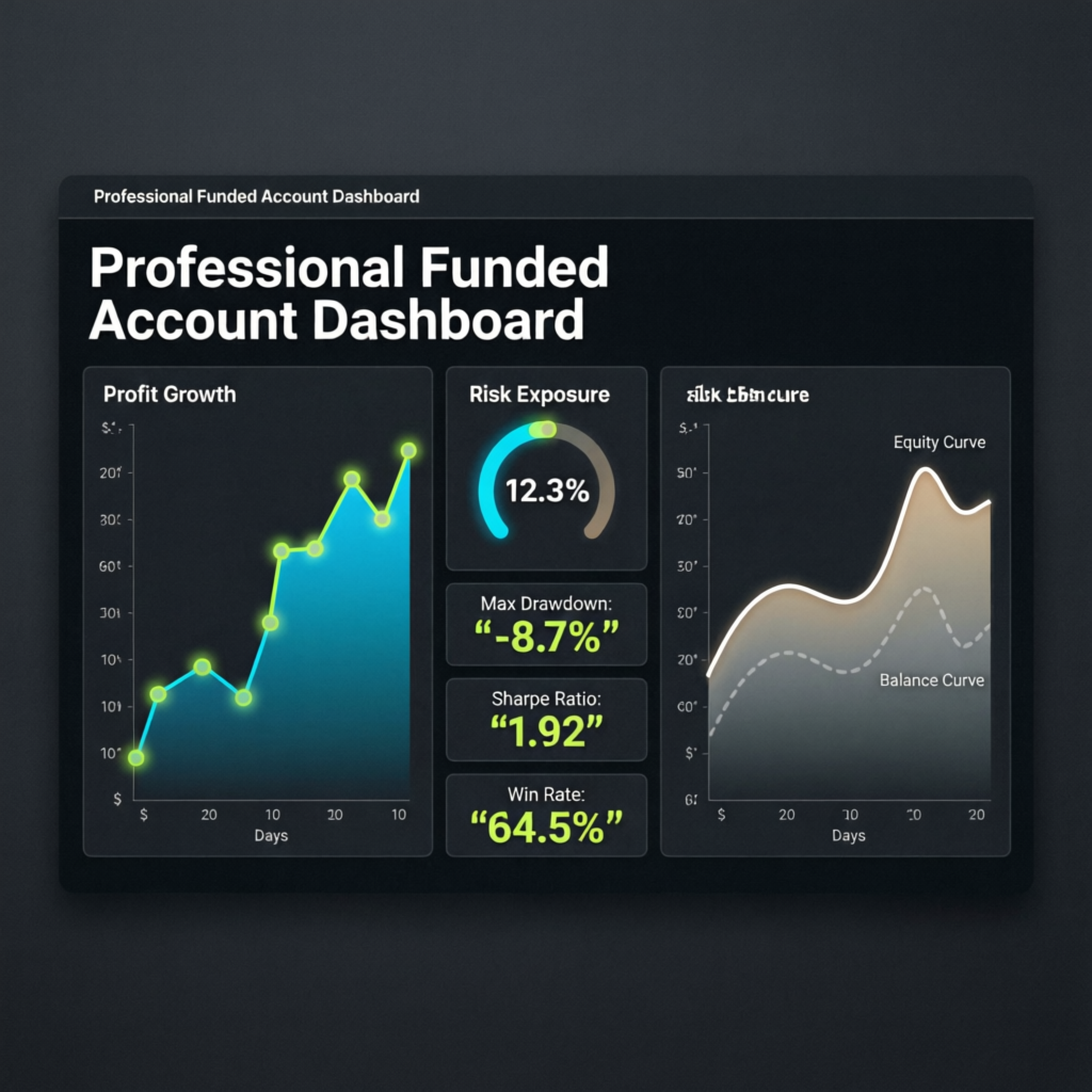 Professional funded account management dashboard showing profit growth and risk metrics