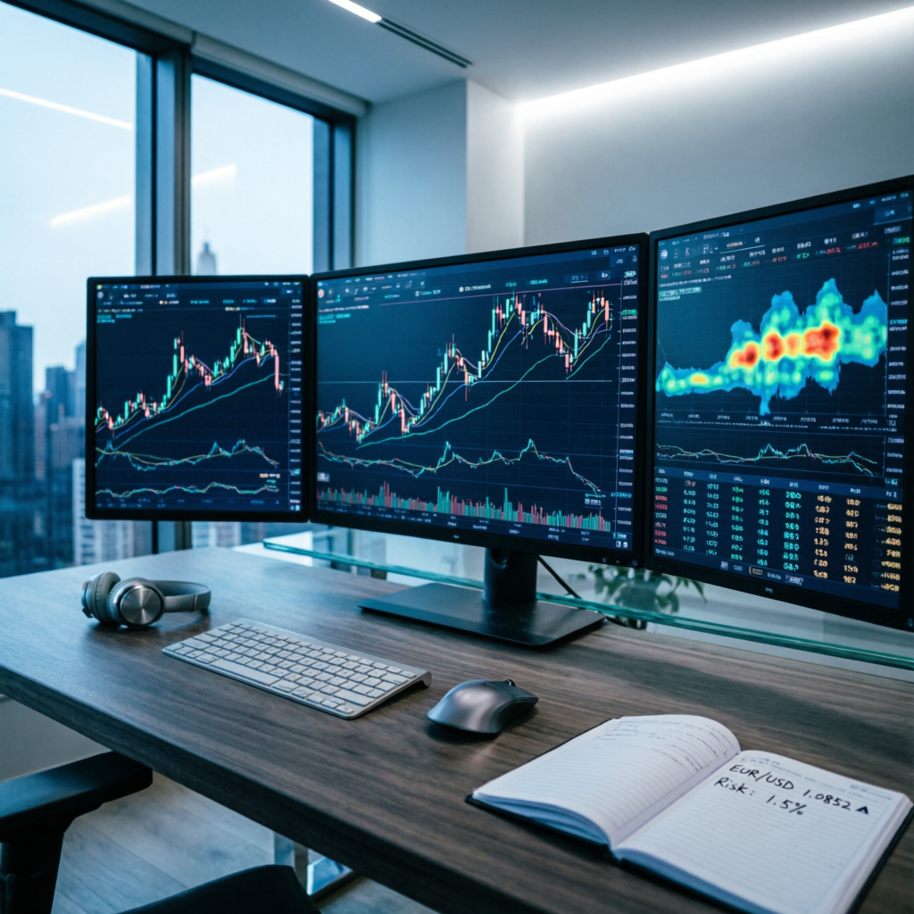 Professional forex trading workspace with multiple monitors showing charts and analytics