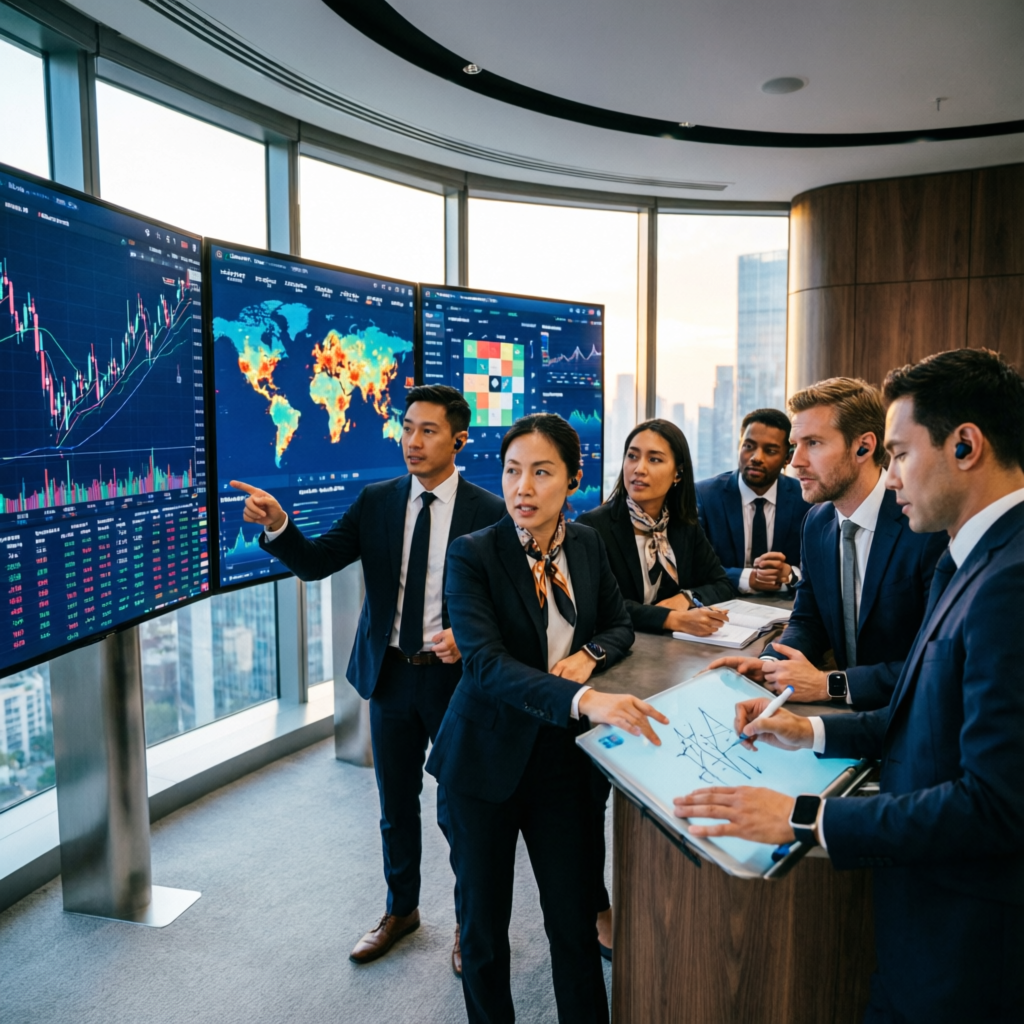 Professional team of traders and portfolio managers analyzing market data in modern trading room