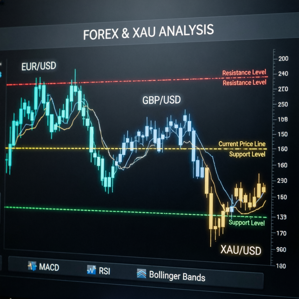 Forex and gold analysis showing EUR/USD, GBP/USD, and XAU/USD charts with support resistance levels