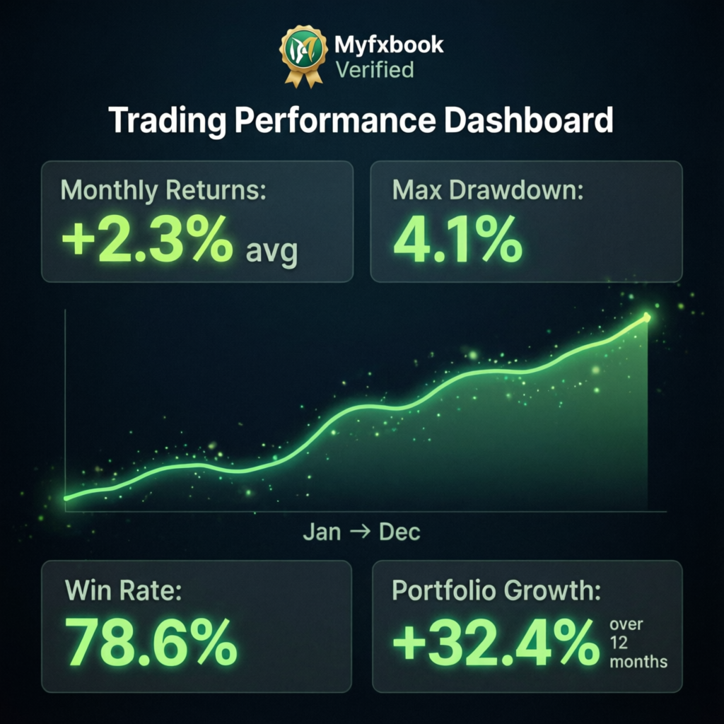 Myfxbook verified trading performance dashboard showing monthly returns, max drawdown, win rate and portfolio growth
