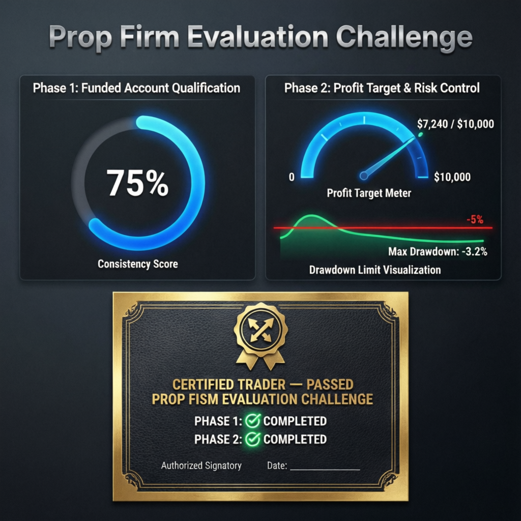 Prop firm evaluation challenge progress showing Phase 1 and Phase 2 completion with certified trader badge