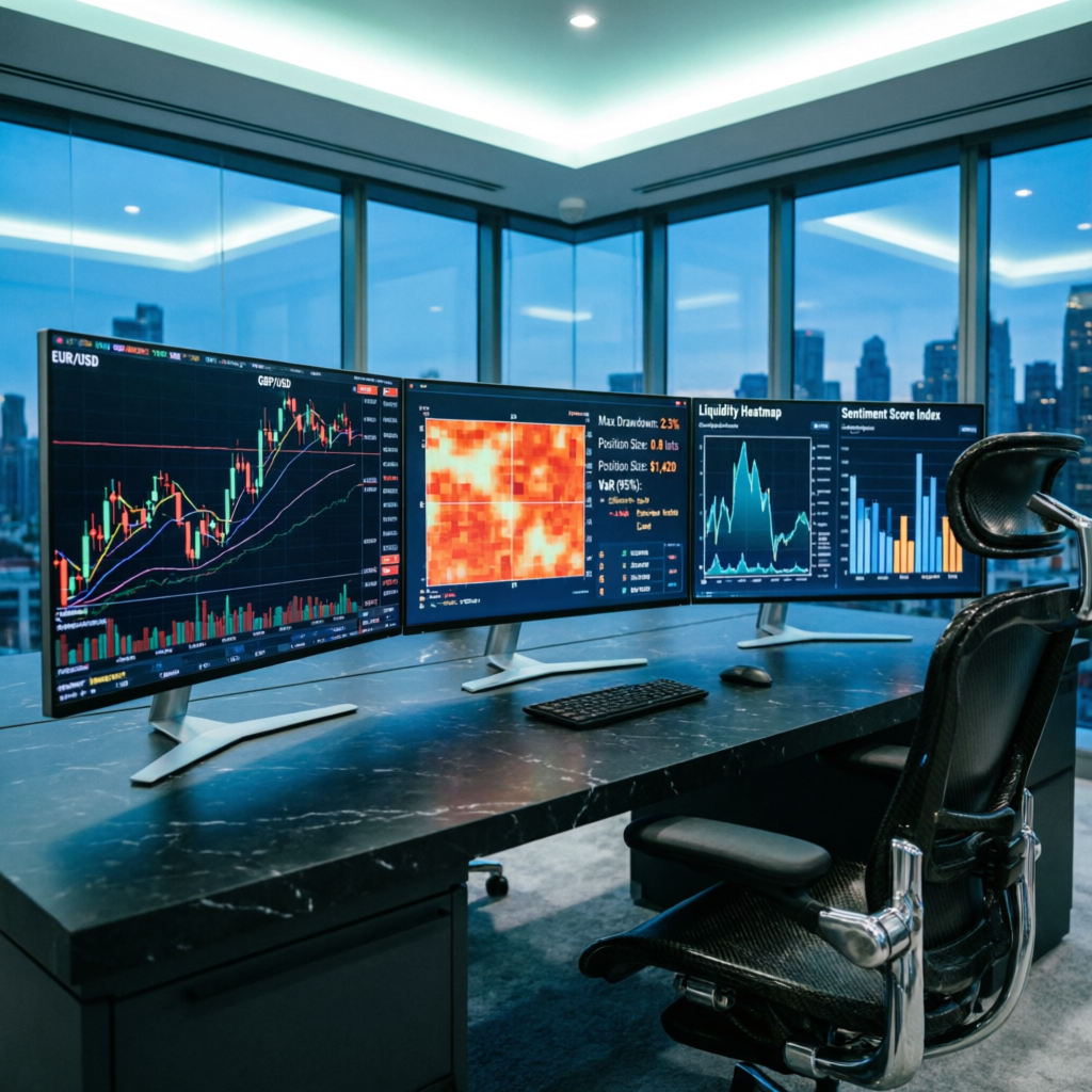 Professional forex trading desk with risk management analytics for Foxx Funded challenges