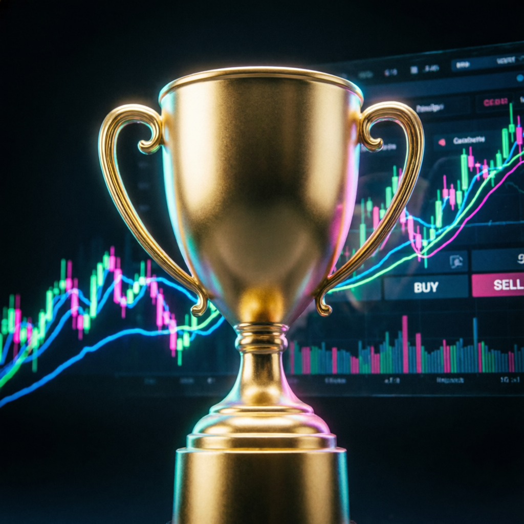 Success trophy with trading charts background