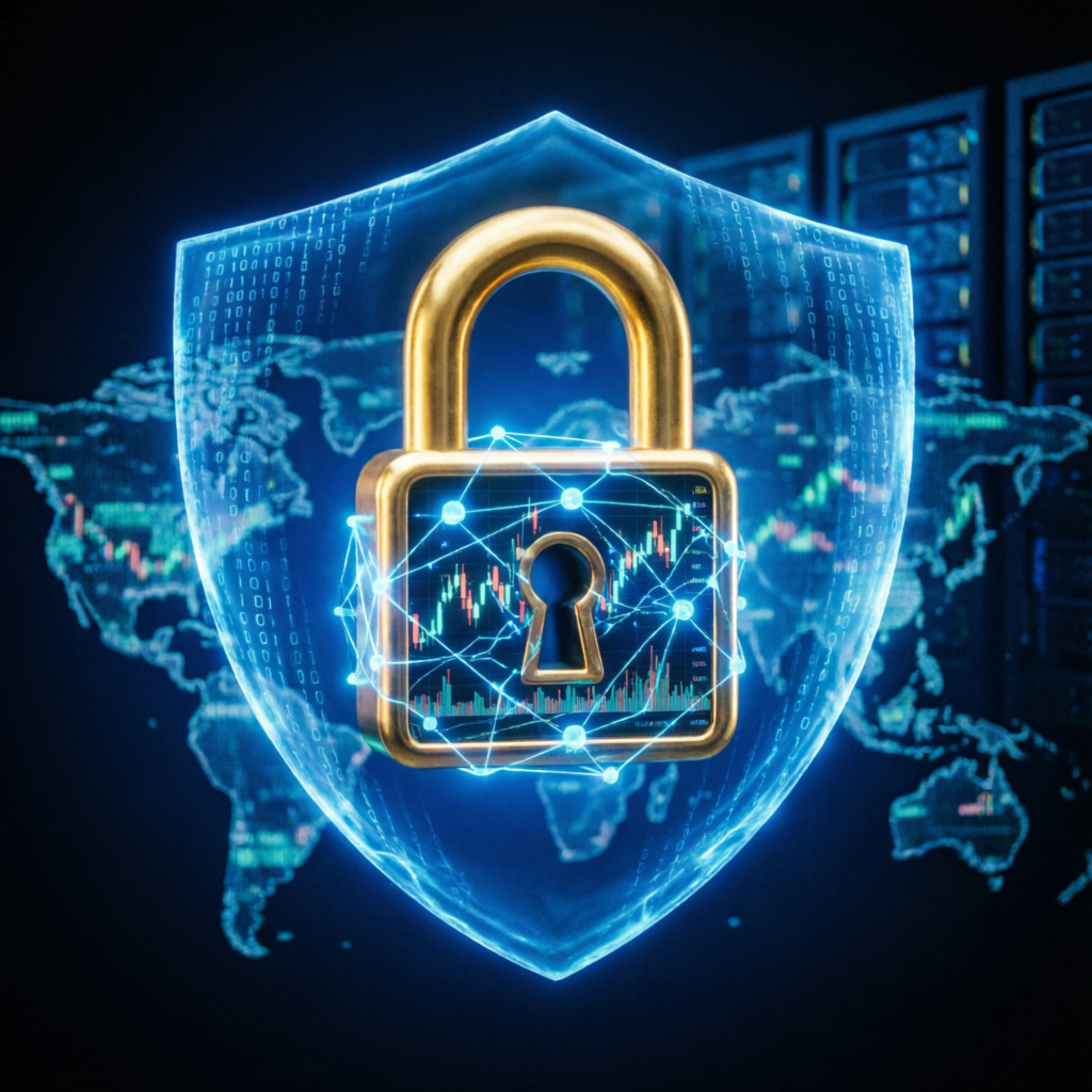 Cybersecurity shield protecting trading account data and financial information