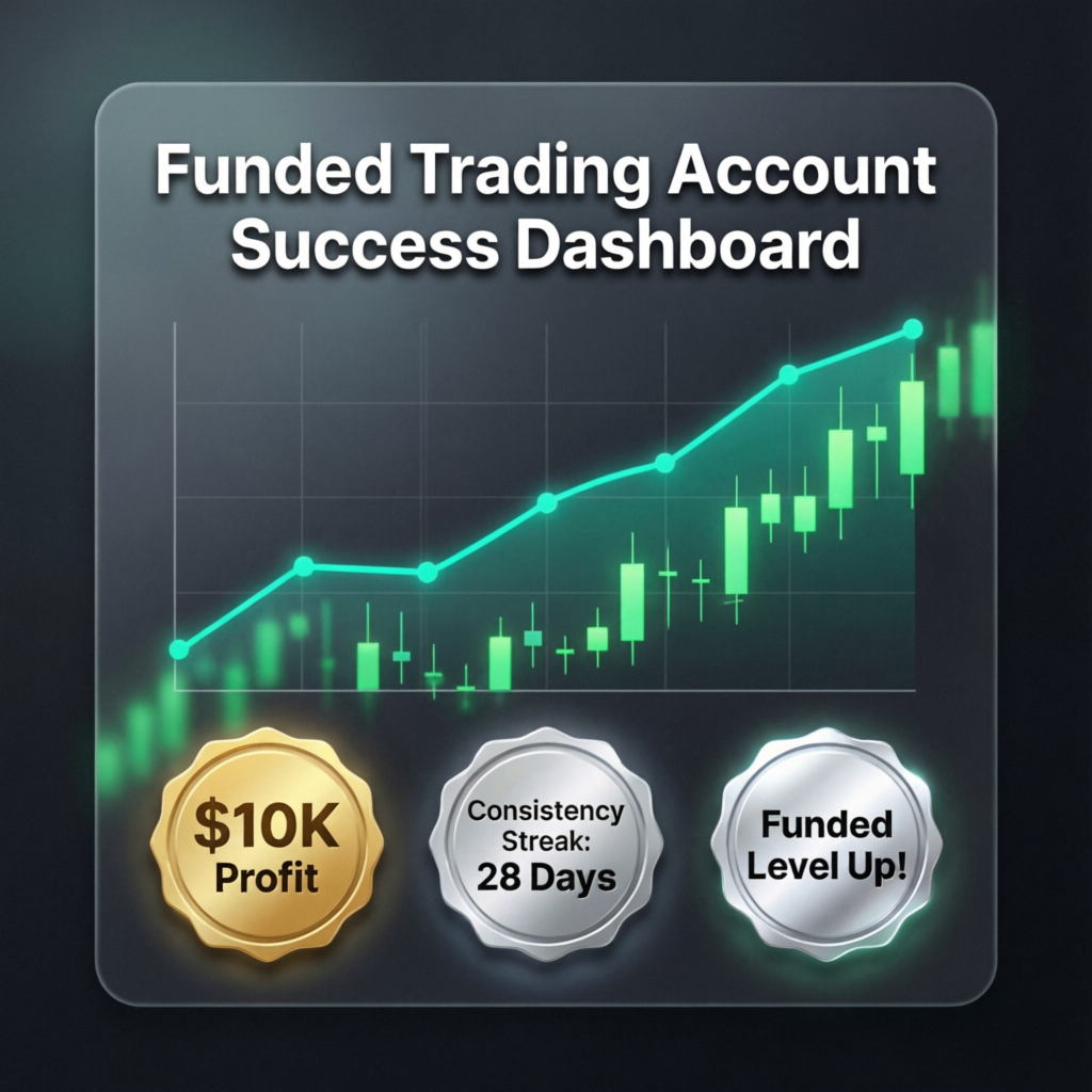 Funded trading account success dashboard showing consistency streak and profit metrics
