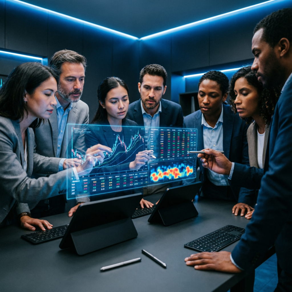Professional trading team collaborating on Topstep scaling strategies