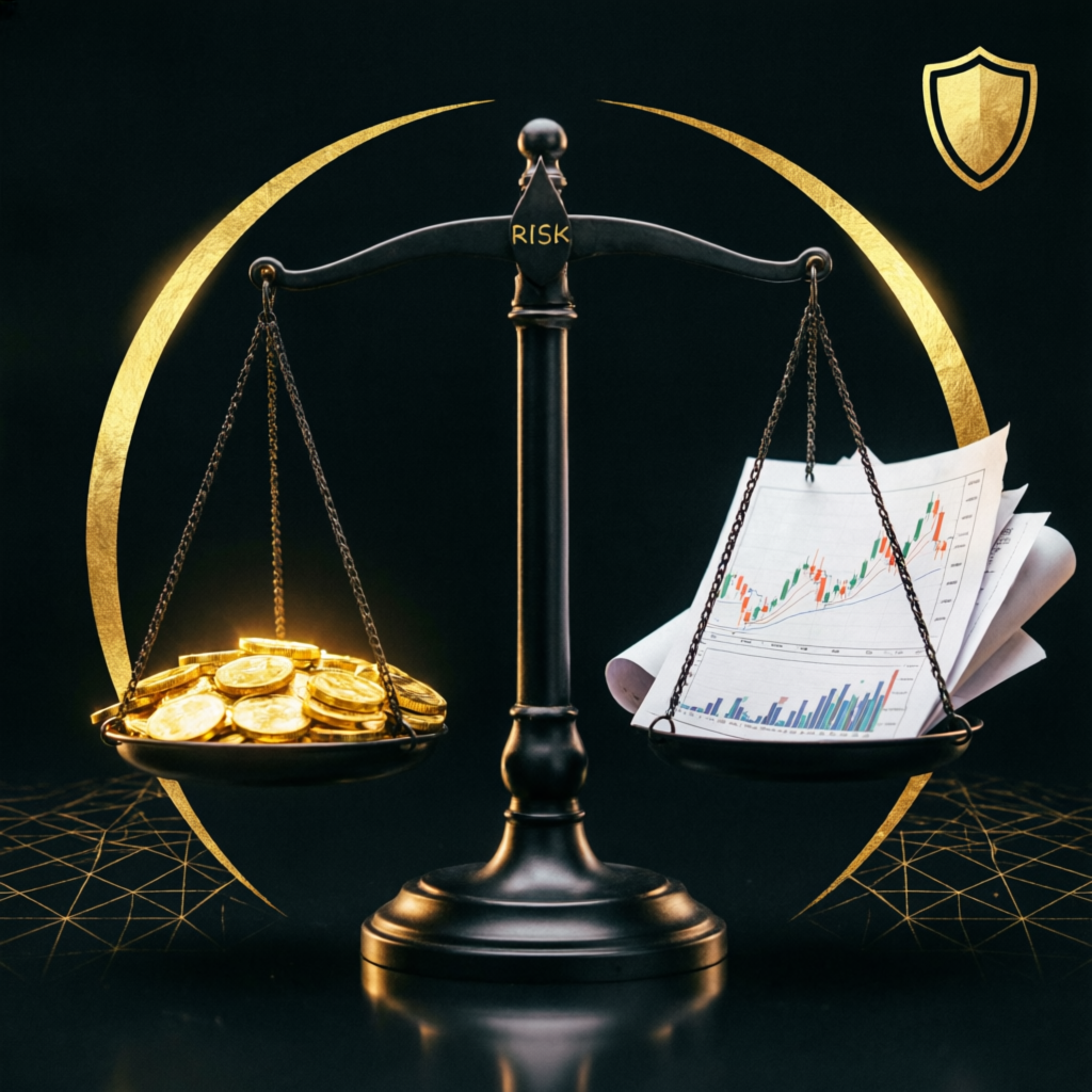 Risk management balance scale for Topstep trading consistency