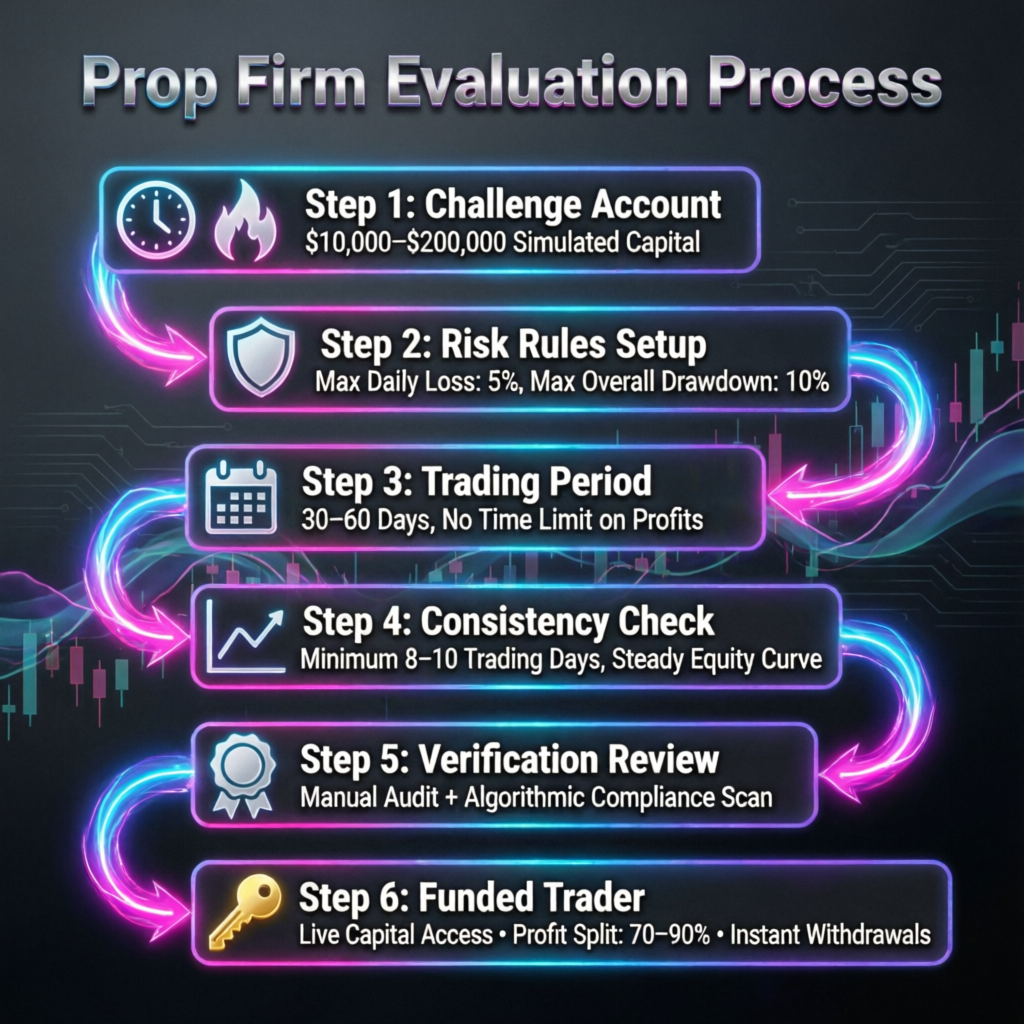 Prop firm evaluation process showing step-by-step journey to funded trader