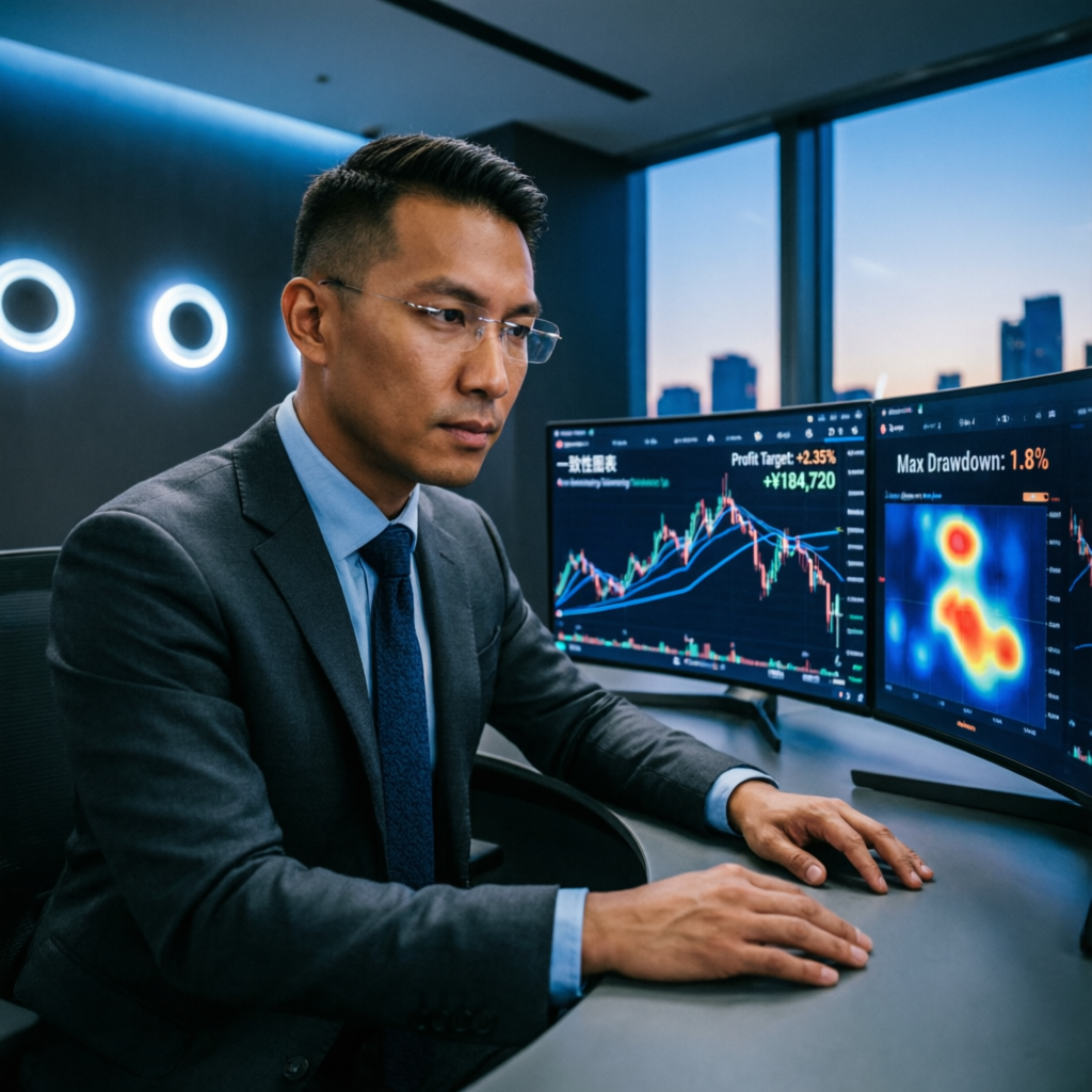 Professional trader analyzing Topstep consistency charts on multiple screens