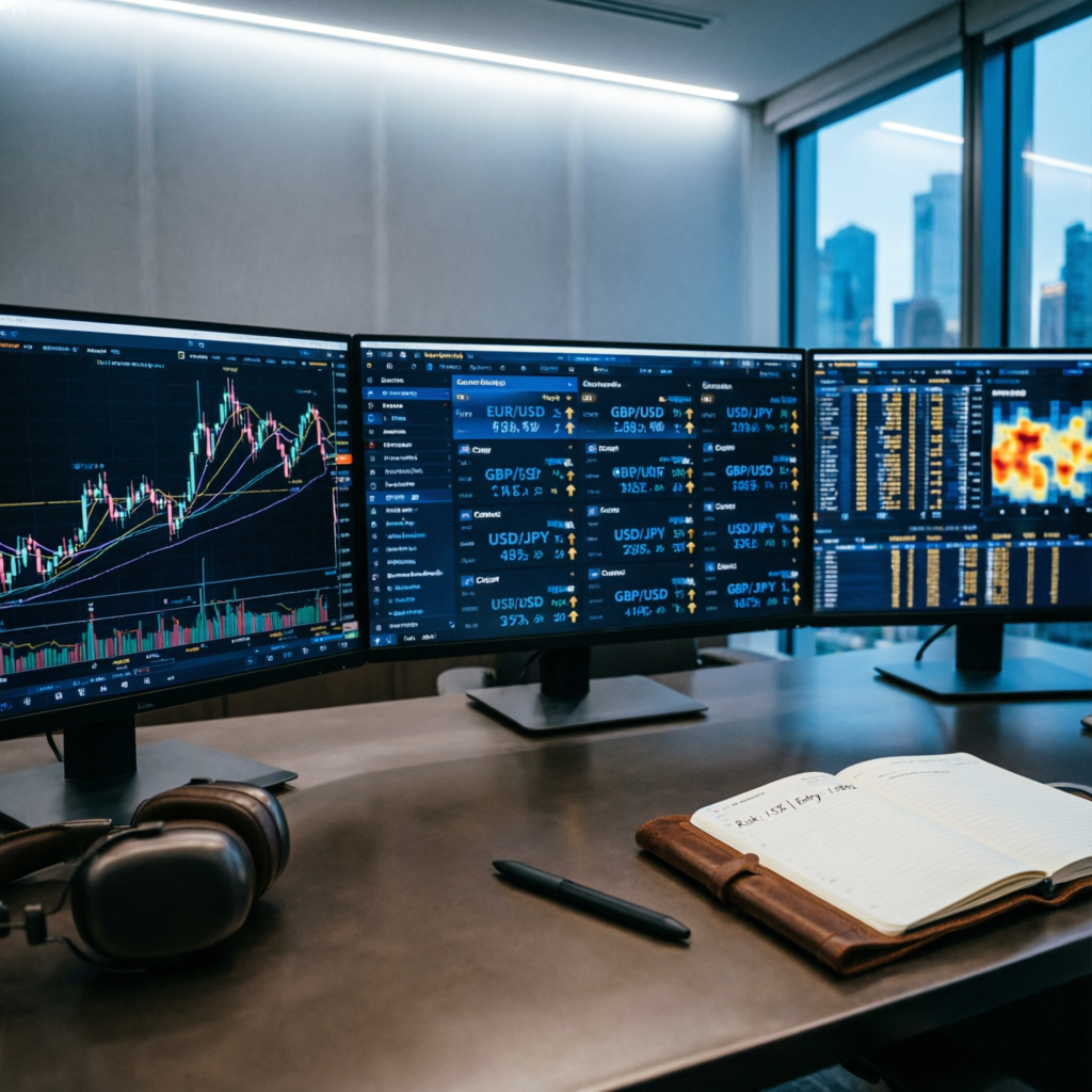 Professional trading desk with advanced forex charts and prop firm passing service dashboard