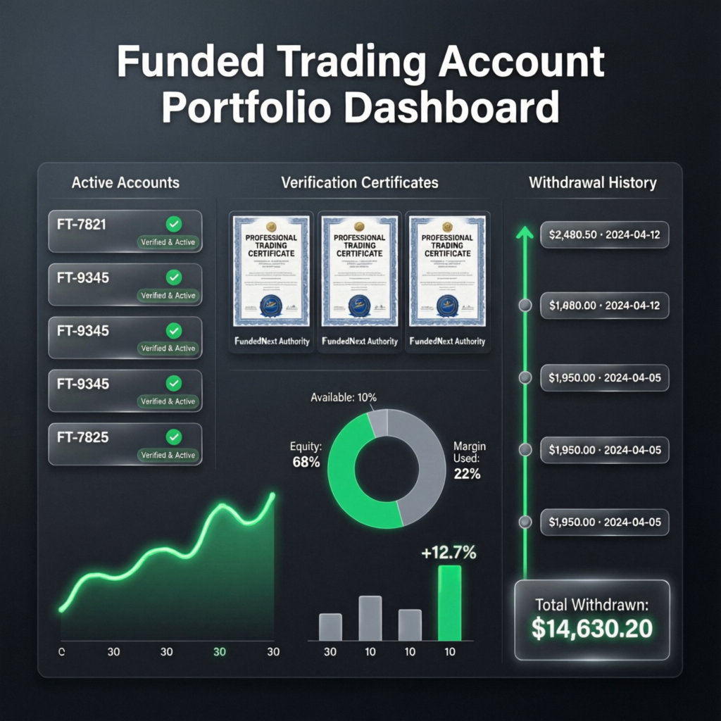 Funded trading account portfolio dashboard with active accounts, verification certificates, and withdrawal history