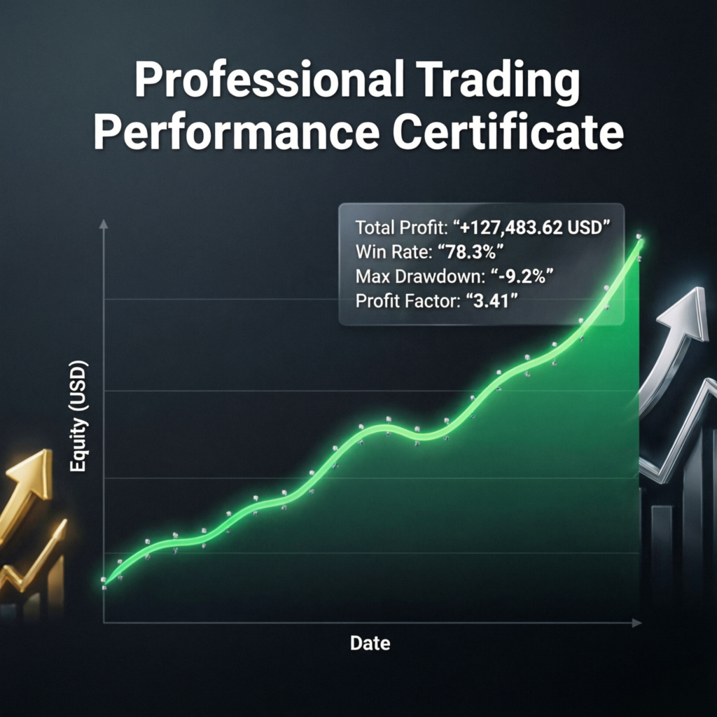 Professional trading performance certificate showing total profit, win rate, max drawdown, and profit factor