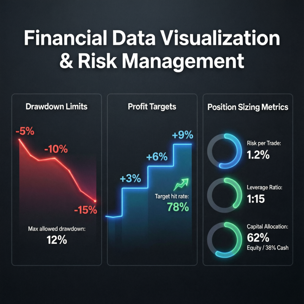 Financial data visualization showing drawdown limits, profit targets, and position sizing metrics for prop firm passing