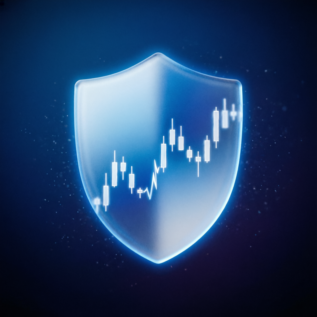 Risk management shield protecting trading account with candlestick chart