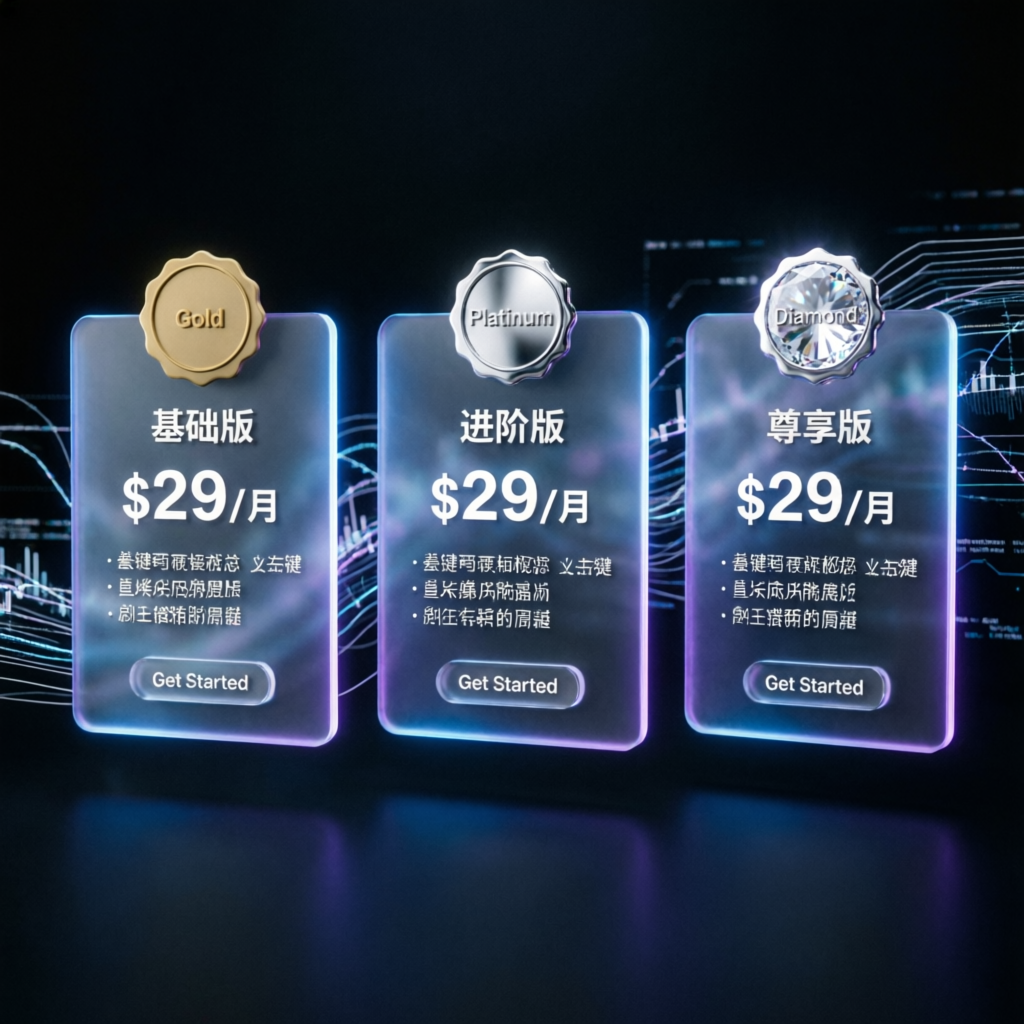 Premium pricing plans comparison cards with glassmorphism effect