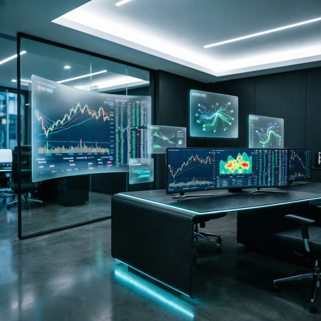 Modern prop firm trading office with multiple screens showing futures charts