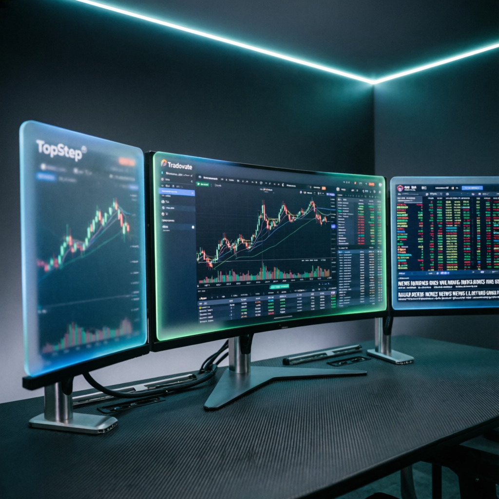 Multi-monitor trading setup with Topstep and Tradovate platforms