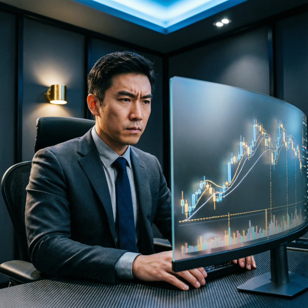 Professional forex trader analyzing Topstep futures charts on curved monitor
