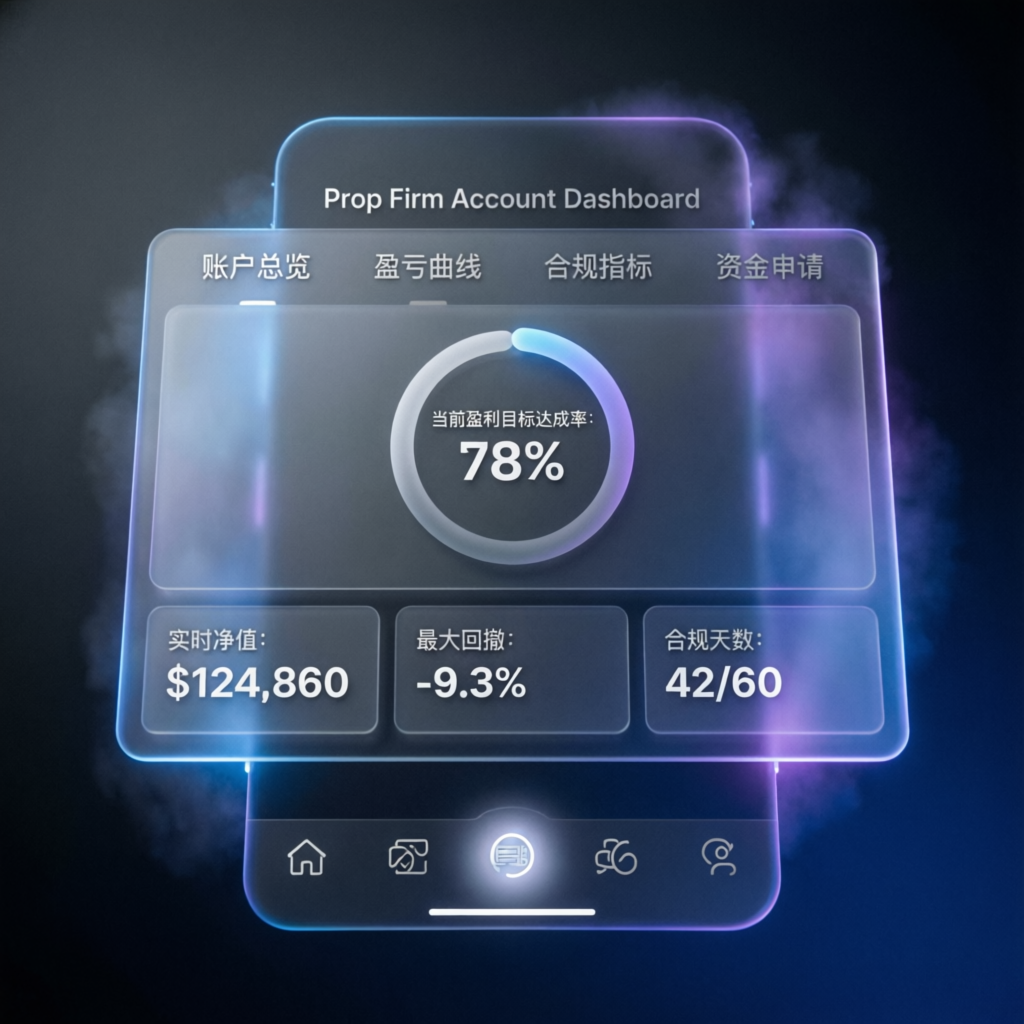 Prop firm account dashboard showing profit target achievement and compliance metrics