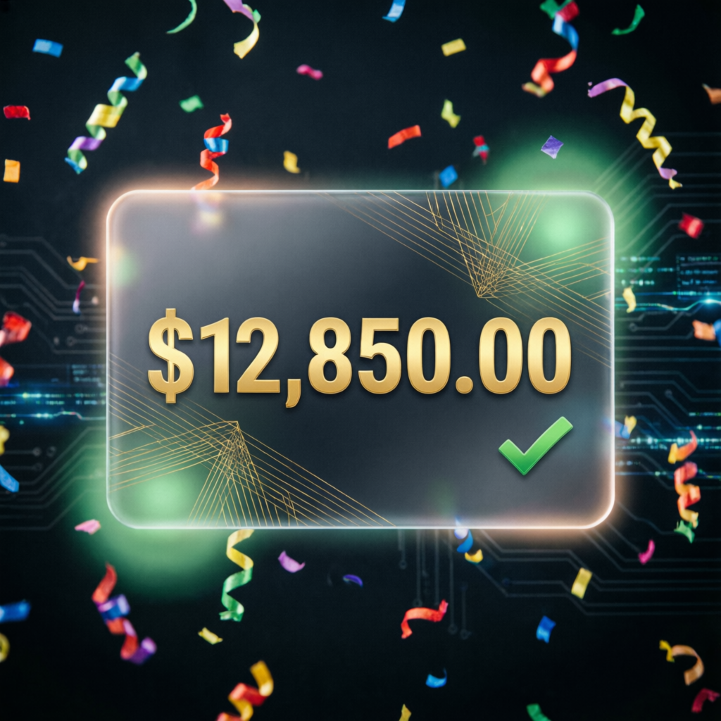 Payout success notification showing large dollar amount with celebration