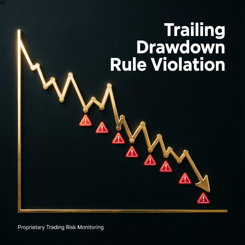 Trailing Drawdown Rule Violation chart showing descending equity line with warning indicators