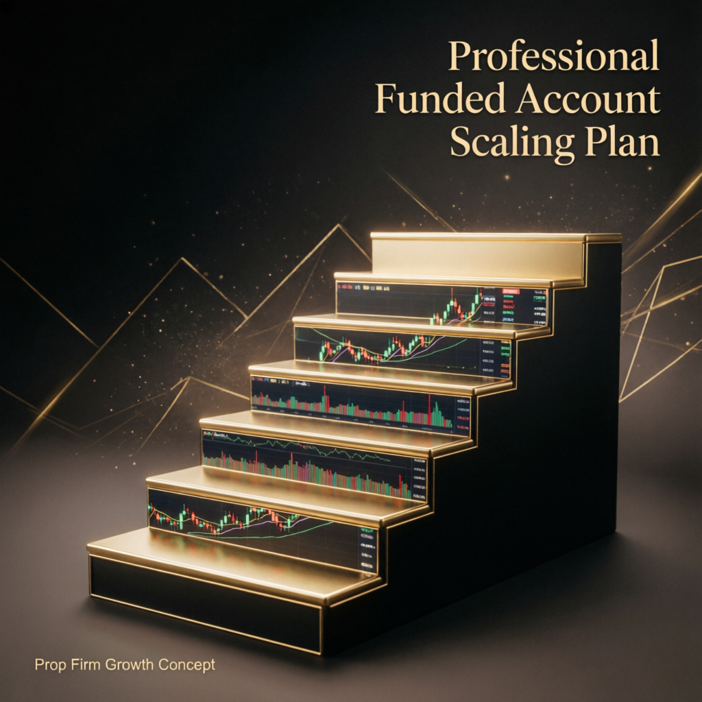 Professional funded account scaling plan with ascending gold staircase