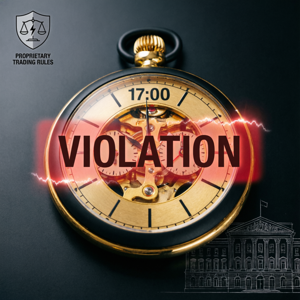 Trading hours violation concept with clock showing market close time and red warning