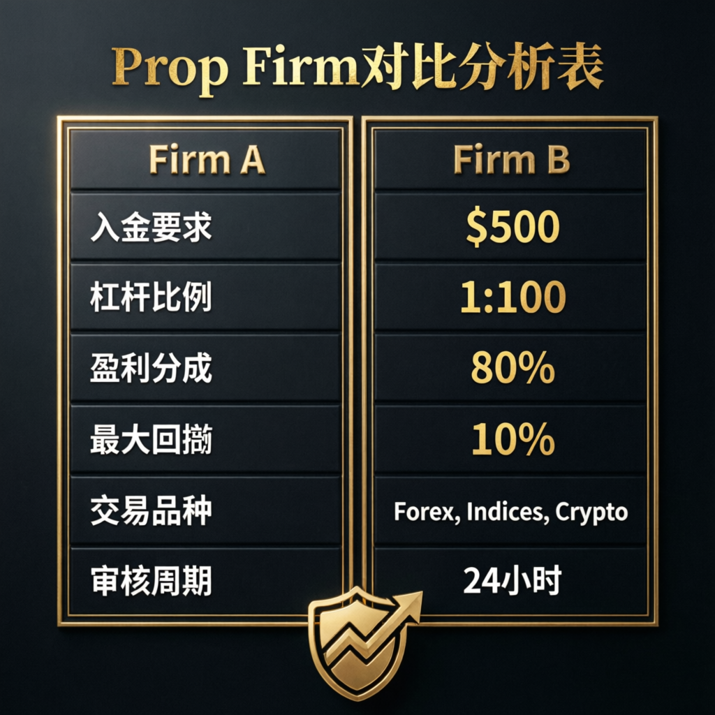 Prop firm comparison analysis table showing different firms side by side