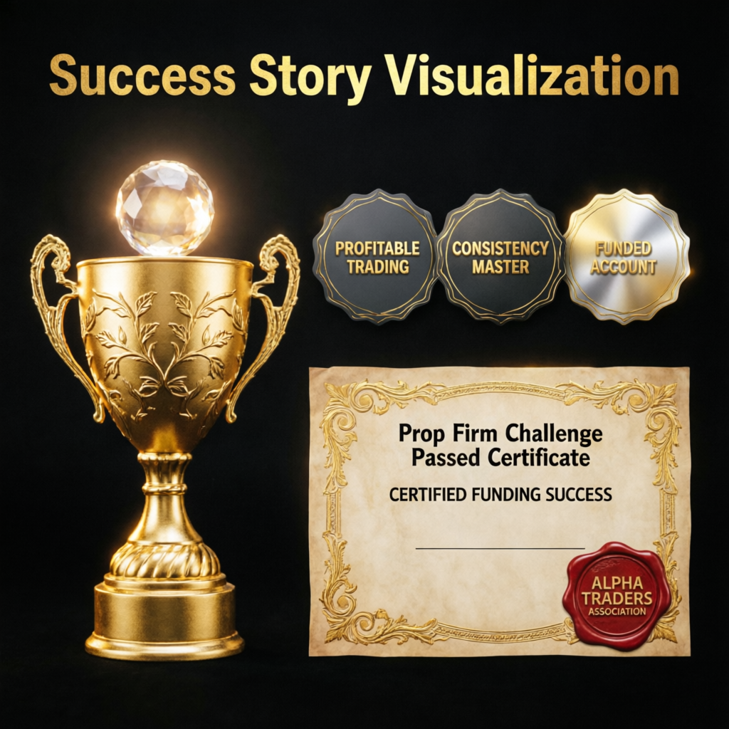 Success story visualization with gold trophy and prop firm challenge passed certificate